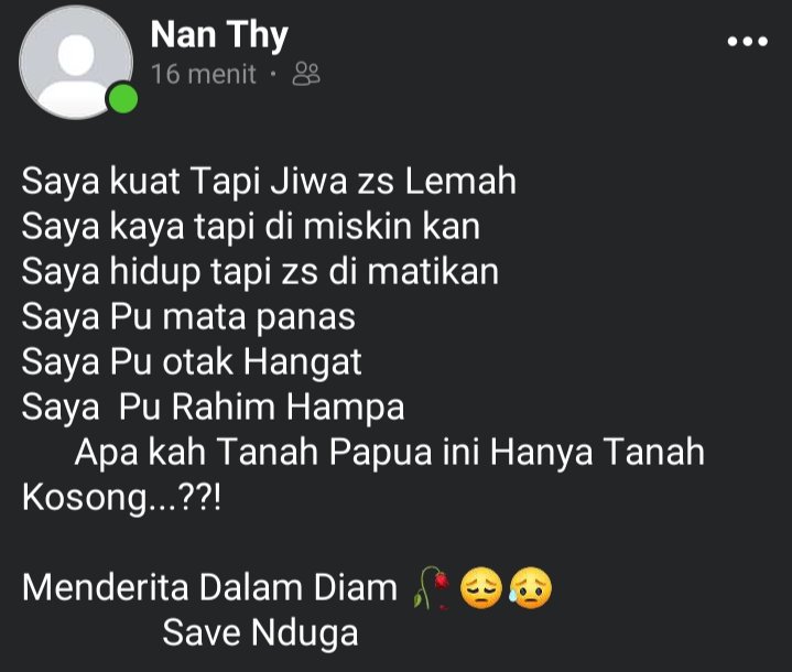 anakhilangwp's tweet photo. MONCONG SENJATA TIDAK KASI SENYUMAN ATAUPUN TAWA! MELAINKAN DARAH DAN AIR MATA!
#SAVENDUGA #SAVEILAGA #PapuanLivesMatter https://t.co/ZBvVMGkEwr