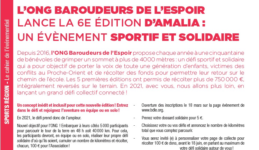 JeSuisBaroudeur's tweet photo. Merci au magazine Sports Région Occitanie pour cette belle mise en avant d'Amalia, notre #événement #sportif et solidaire des 18 et 19 juin !! @Occitanie
#runforamalia #sports #solidarité https://t.co/LNZ8u7VHRJ