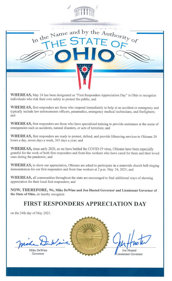 Governor Mike DeWine (@govmikedewine) on Twitter photo Today is ๐๐ถ๐ฟ๐๐ ๐ฅ๐ฒ๐๐ฝ๐ผ๐ป๐ฑ๐ฒ๐ฟ๐ ๐๐ฝ๐ฝ๐ฟ๐ฒ๐ฐ๐ถ๐ฎ๐๐ถ๐ผ๐ป ๐๐ฎ๐! A special bell-ringing demonstration will take place at 2pm at many churches across the state to show support for all of Ohio's first responders and frontline workers! #ThankYou Today is ๐๐ถ๐ฟ๐๐ ๐ฅ๐ฒ๐๐ฝ๐ผ๐ป๐ฑ๐ฒ๐ฟ๐ ๐๐ฝ๐ฝ๐ฟ๐ฒ๐ฐ๐ถ๐ฎ๐๐ถ๐ผ๐ป ๐๐ฎ๐! A special bell-ringing demonstration will take place at 2pm at many churches across the state to show support for all of Ohio's first responders and frontline workers! #ThankYou