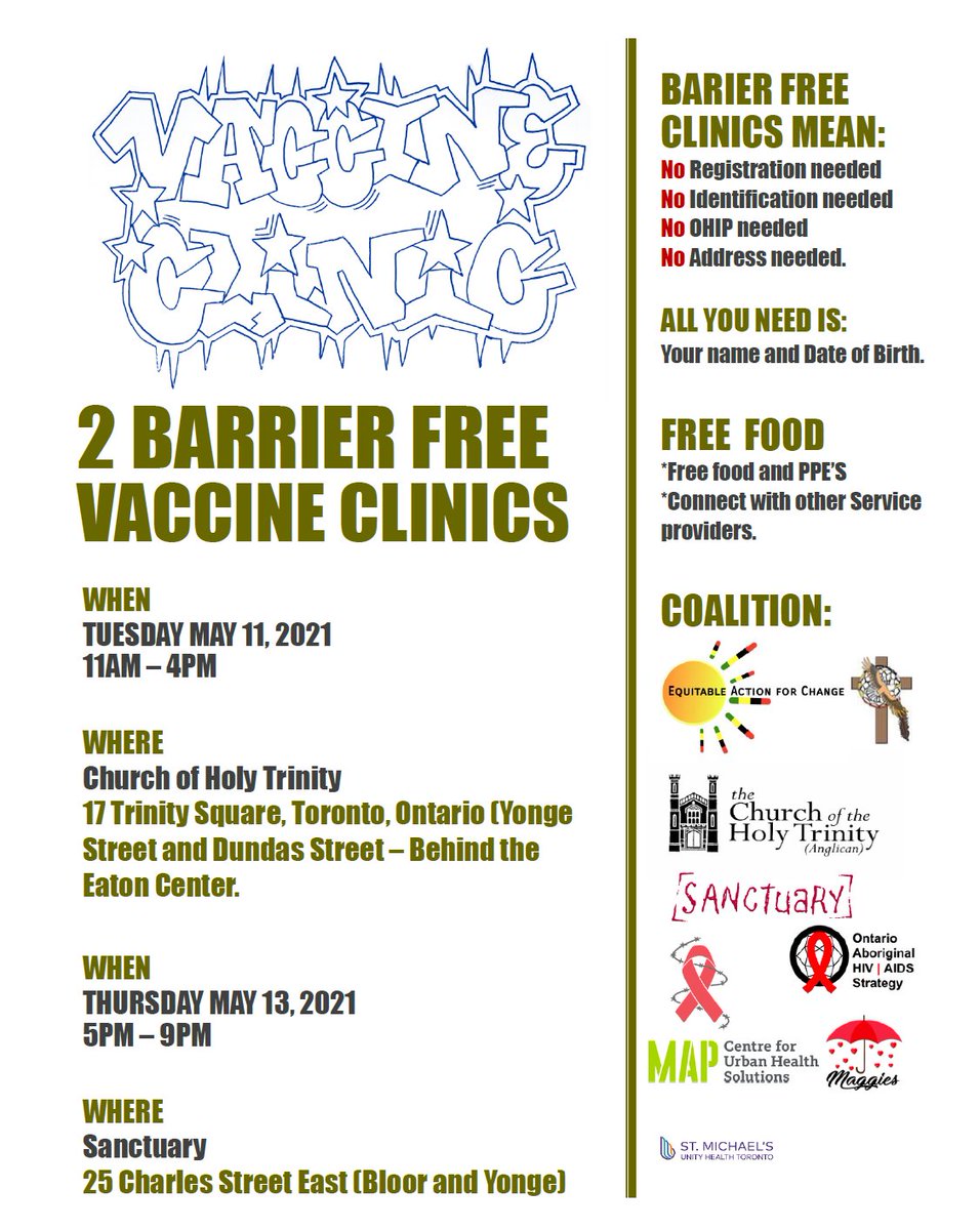 There will be two barrier free vaccine clinics next week in downtown Toronto. No registration, no OHIP/ID, no address necessary. Just a name and DOB. All info in this pic. 

(Not involved and can't take any credit. Simply sharing the good news🙏)