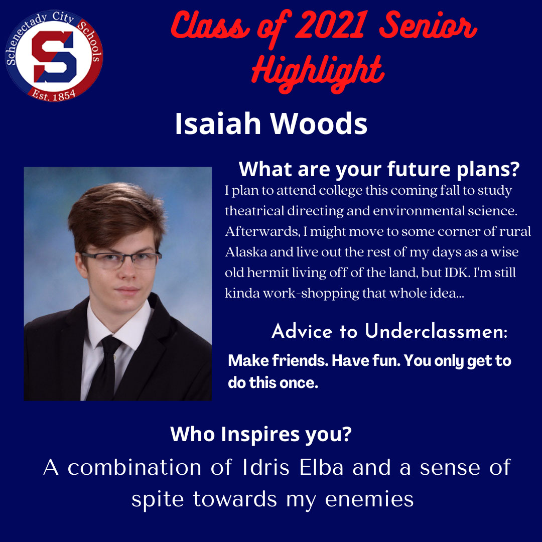 SCSchools's tweet image. Congrats🙌 &amp;amp; best wishes to Isaiah Woods.  Isaiah is headed to college in the fall to study theatrical directing &amp;amp; environmental science. 💯 Just as Isaiah advises, it is important to make friends &amp;amp; have fun.  #youonlydothisonce #schenectadyvibes #shsclassof2021 😎