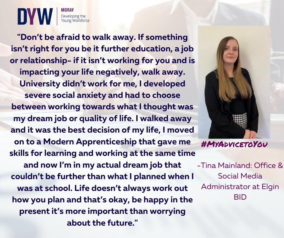 DYWMoray's tweet photo. Next up to support our #MyAdvicetoYou campaign we have Tina Mainland sharing her advice to Moray young people.
Tina is an Office and Social Media Administrator at Elgin BID. See her advice below...๐๐
#FAProject @ElginBID https://t.co/h9nsnymUYa