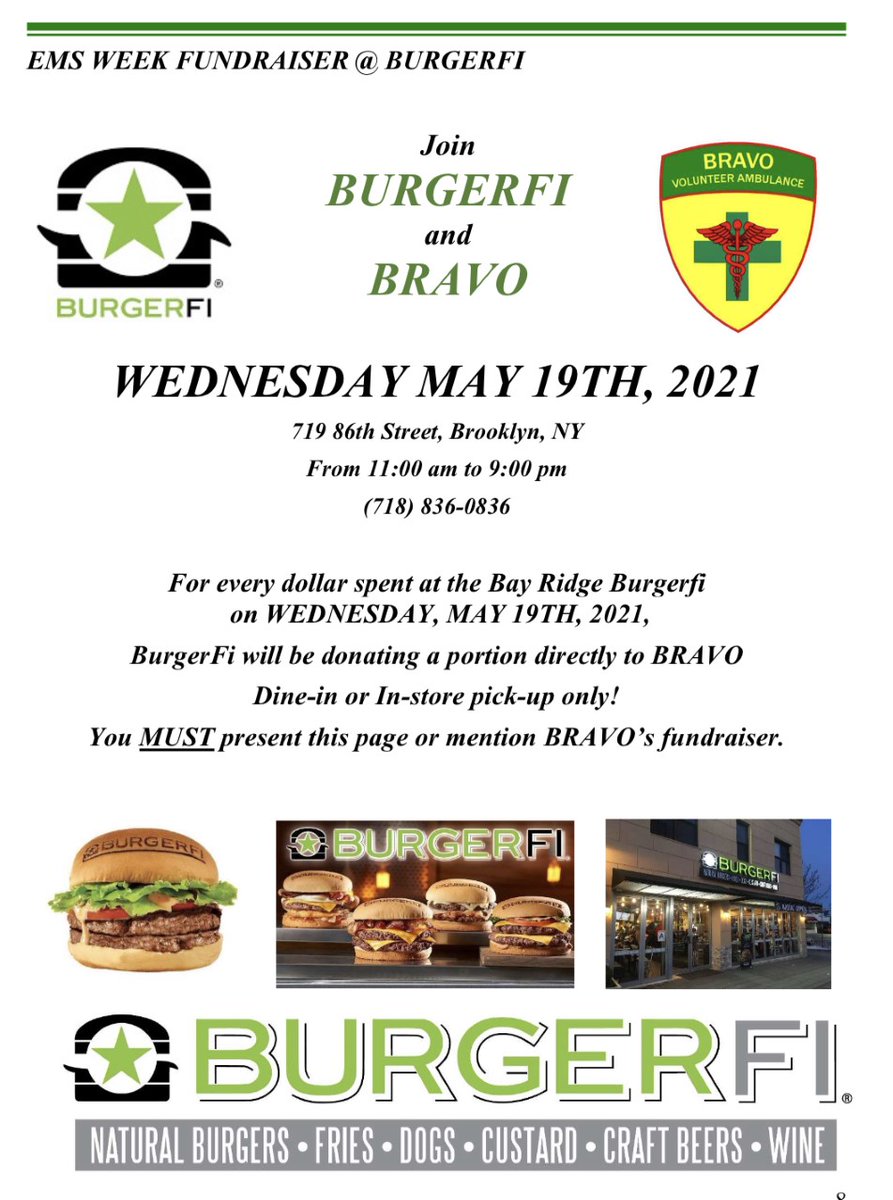 BRAVOAmbulance's tweet photo. Come out and help donate to BRAVO with a fundraising event at BurgerFi Bay Ridge, on Wednesday, May 19, 2020.  Bring this ad or mention BRAVO Fundraiser and a portion of the proceeds will be donated directly to BRAVO. https://t.co/SZUCy8w4zU