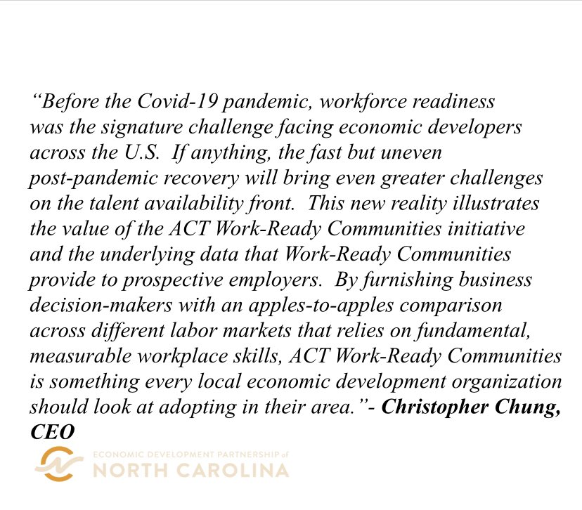 cheri_hughes1's tweet photo. Very excited to receive this quote from Chris Chung @edpnc on the value of @ACT #workreadycommunities & encouraging counties to engage! #northcarolina #workforce #EconomicDevelopment https://t.co/l0Jm8z3Huk