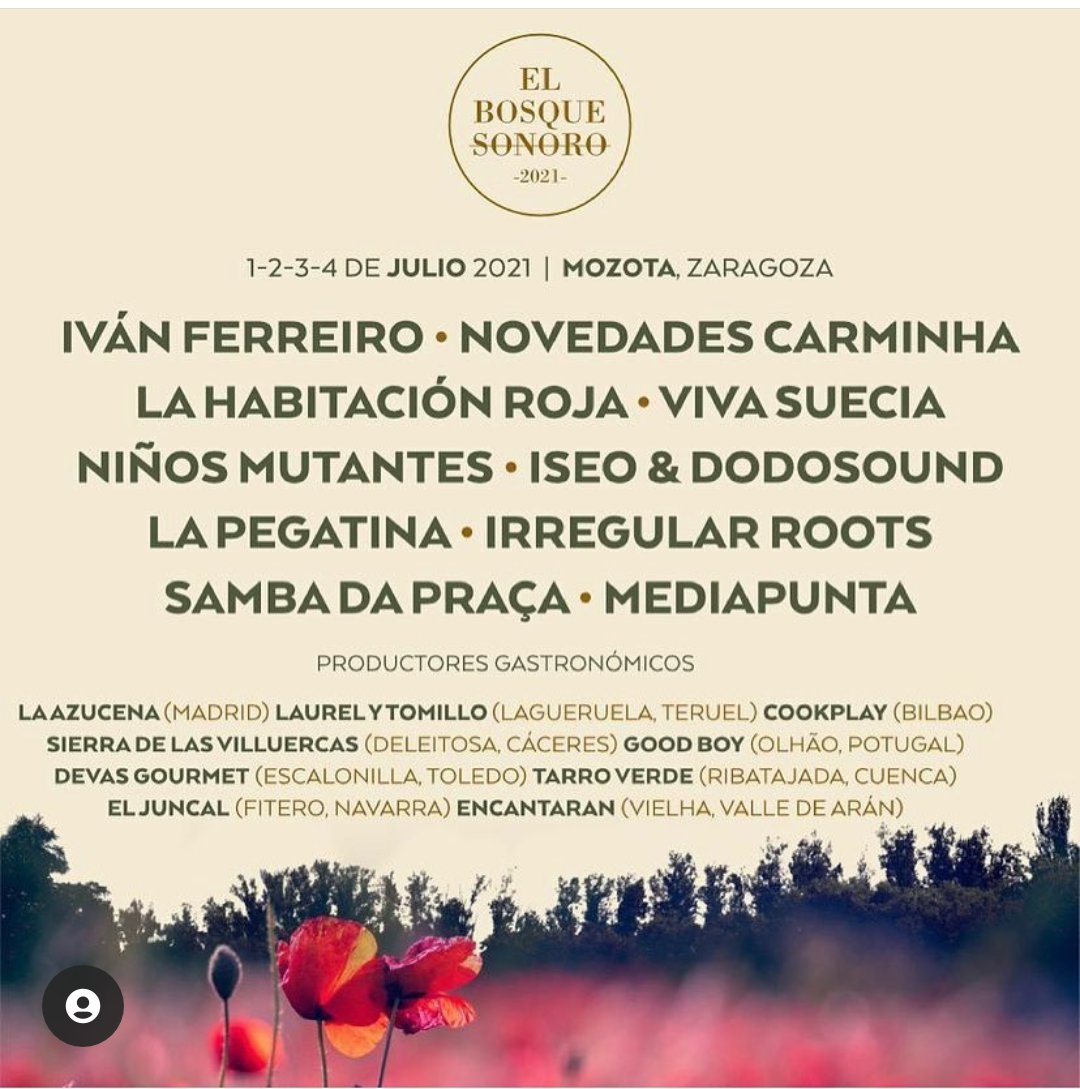 Del 1 al 4 de julio en <a href="/ElBosqueSonoro/">El Bosque Sonoro</a> (Mozota, Zaragoza) podrás disfrutar de la mejor música acompañada de la mejor gastronomía artesana. Y nosotros estaremos ahí (compartiendo cartel😂) con <a href="/ivanferreiro/">iván ferreiro</a> <a href="/novcarminha/">Novedades Carminha</a>  <a href="/lahabitacionroj/">La Habitación Roja</a>  <a href="/VivaSuecia/">Viva Suecia</a> <a href="/n_mutantes/">Niños Mutantes</a>  <a href="/lapegatina/">La Pegatina</a>  y +