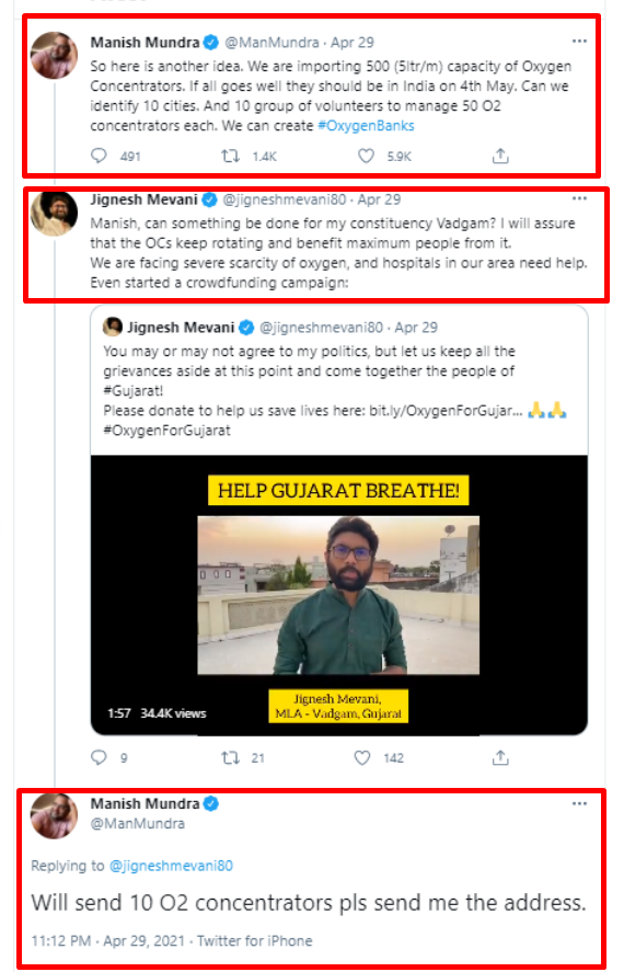 11. Mevani requested film producer & philanthropist  @ManMundra too whr he promised to deliver 10 Oxy-Con already.12. Interestingly, WIRE/CARAVAN writer  @nehadixit123 appeals to NRI to do NOT donate at Sewa Int NGO associated with  @RSSorg instead use this (Mevani’s) one.9/n