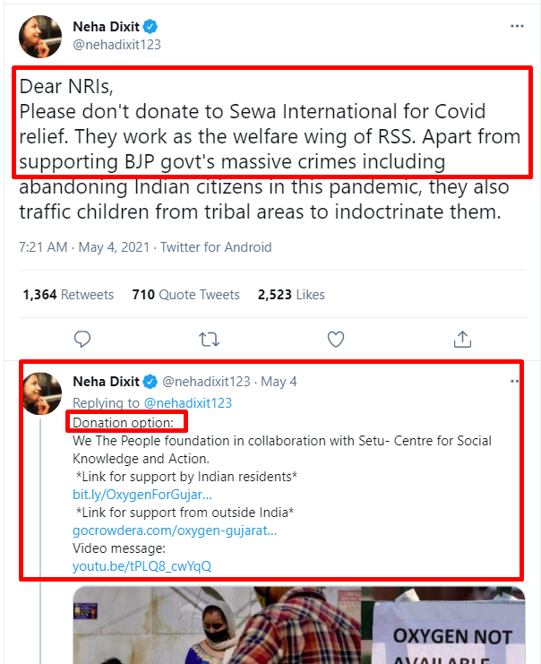 11. Mevani requested film producer & philanthropist  @ManMundra too whr he promised to deliver 10 Oxy-Con already.12. Interestingly, WIRE/CARAVAN writer  @nehadixit123 appeals to NRI to do NOT donate at Sewa Int NGO associated with  @RSSorg instead use this (Mevani’s) one.9/n