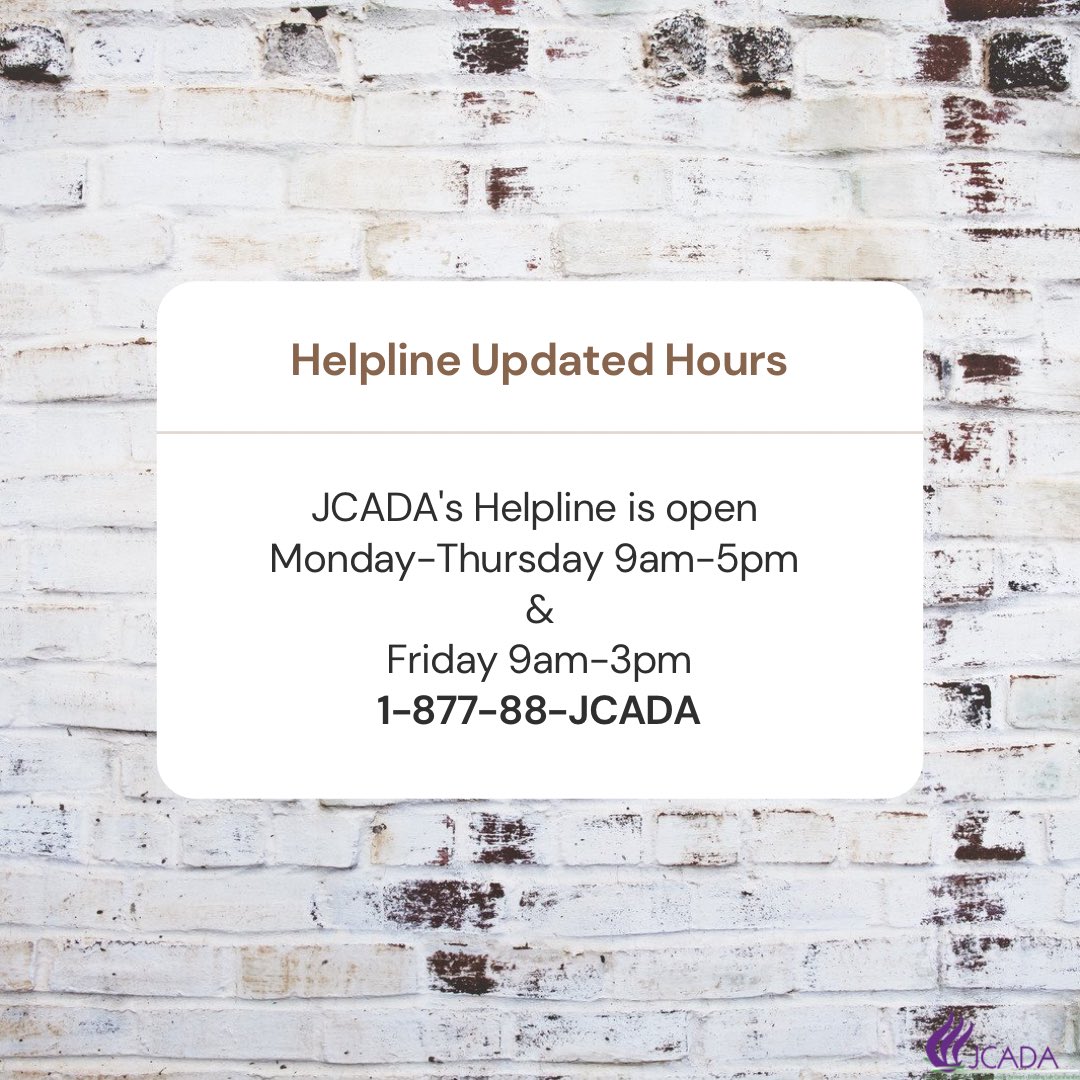 JCADA has updated Helpline hours! If you or someone you know has been impacted by power-based violence and needs help, please call. 1-877-88-JCADA