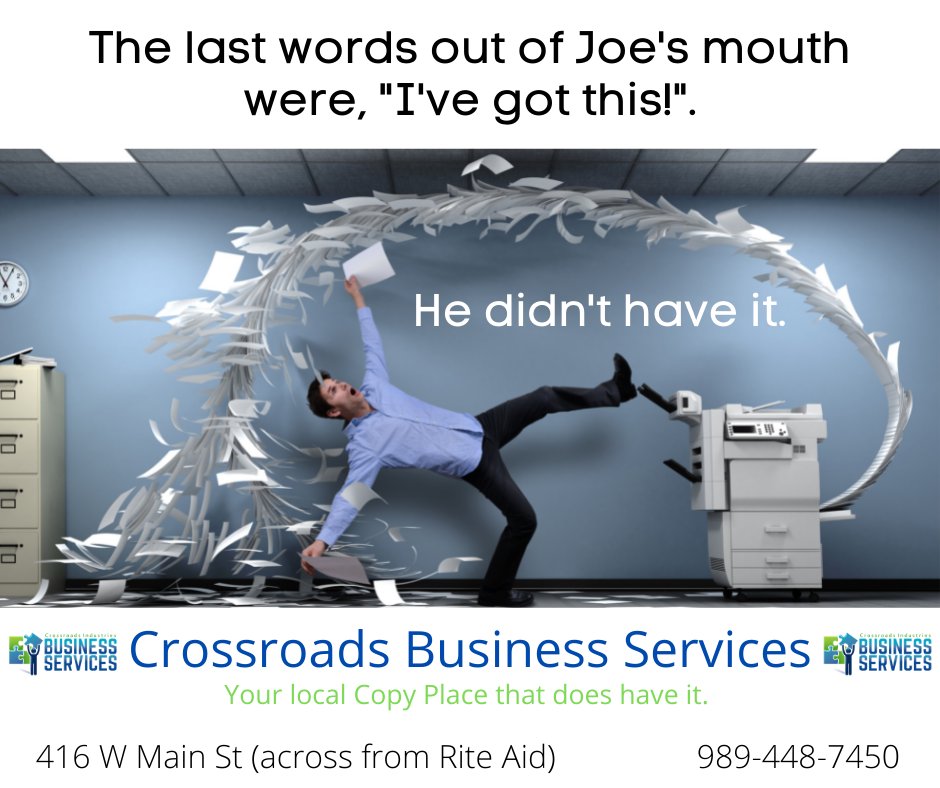 CrossroadsCBS's tweet image. Stop on by at 416 West Main (across the street from Rite Aid) or email your printing needs to cborowiak@crossrdsmi.org.  We print on a nicer white 70# paper for all our projects.

1 sided black ink copy  $0.06 each
2 sided black ink copy  $0.10 each

Color, 11x17 &amp;amp; 80# also!