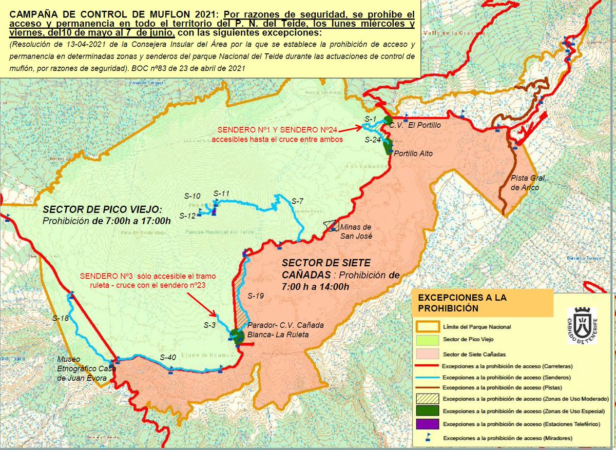 pnteide's tweet image. Como cada año por estas fechas se realizan labores de #controldelapoblación de #muflón en la Isla de Tenerife.
Se extenderá a partir de este lunes día 10 mayo de hasta el lunes 7 de junio de 2021 (todos los lunes, miércoles y viernes).
+info: 922922371 o sede.tenerife.es/es/tramites-y-…