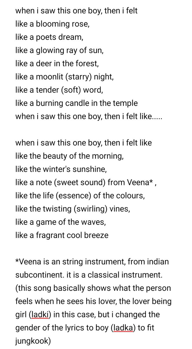 ek ladke ko dekha to aisa lagajaise subah ka roop,jaise sardi ki dhoop,jaise veena ki taan,jaise rangon ki jaan,jaise balkhaayen bel,jaise lehron ka kheljaise khushboo liye aaye thandi hawaHo, ek ladke ko dekha to aisa laga(eng translation)