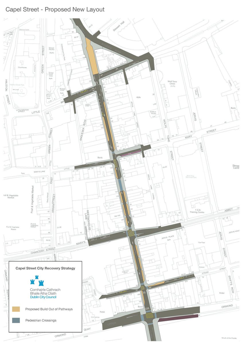 1/2 We welcome movement towards pedestrianising streets on the northside & related consultation process.  However, we believe the proposals lack sufficient ambition. We understand the complex needs of #CapelStreet due to residential blocks, Luas and specific loading requirements