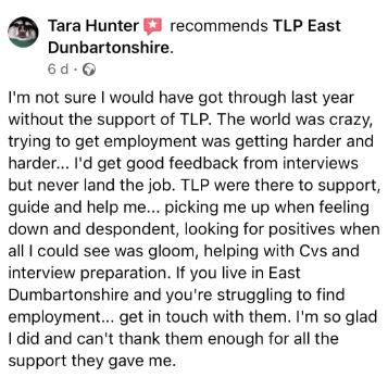 Tara offering a view of her experience with TLP. We are here to offer support to those in similar situations and to really help make a difference! We love to hear feedback from those involved in our projects 🤝