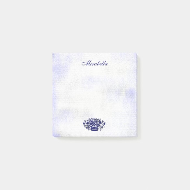 Custom #floral stickies with elegant script letters and #woodcut art of a basket of daisies and other flowers in blue and white on a rustic, faux canvas background. #FloralFriday ow.ly/cLaS50DSCy5