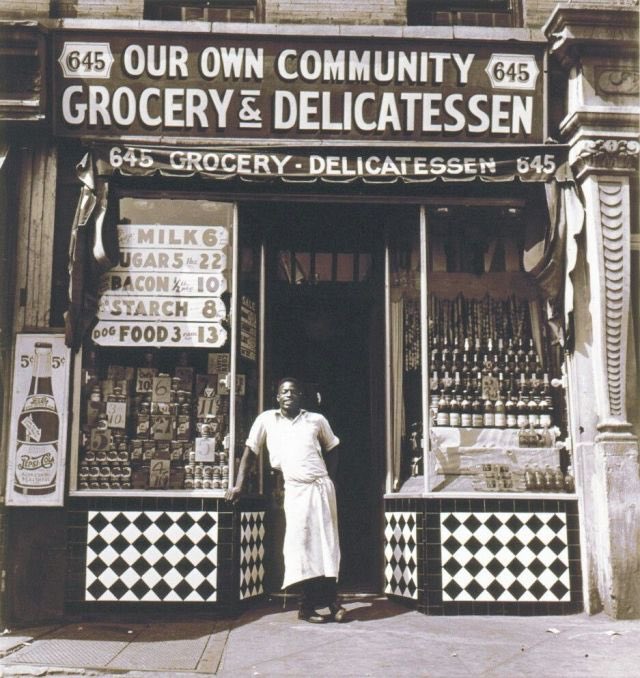 BlakAmericans's tweet image. Harlem grocer standing in front of his store, 1937.