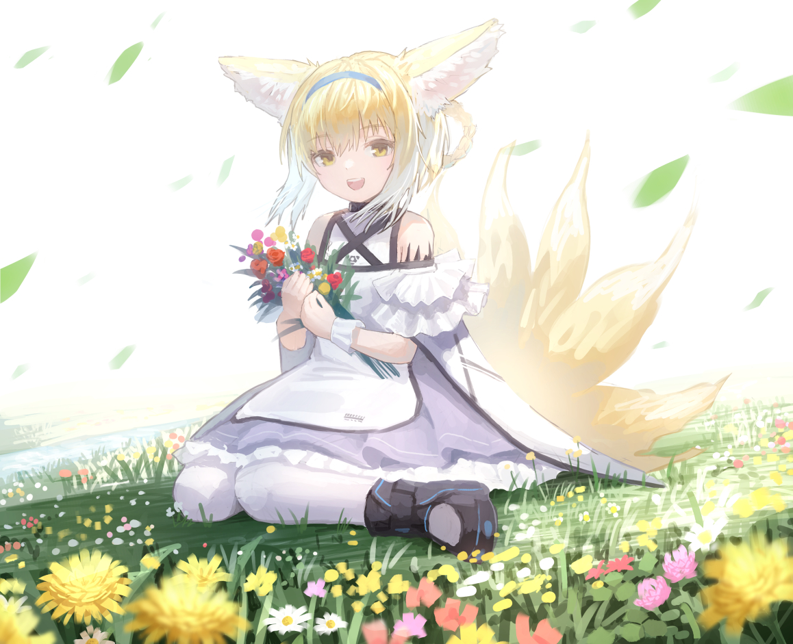 suzuran (arknights) 1girl solo animal ears tail flower fox tail fox ears  illustration images
