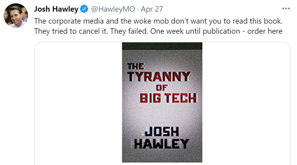 What's funny about this grift is the glaring internal contradiction at its core.Hawley's massive reach and book sales suggest that, even if he's right, Big Tech appears to be so incompetent that they're not worth worrying about. In which case, don't bother reading his book.