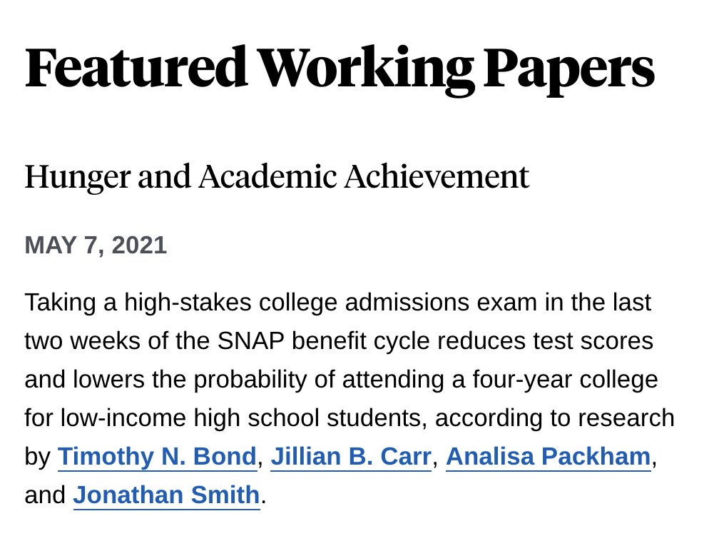 analisapackham's tweet photo. Excited to see our paper on SNAP timing and academic achievement featured on the front page of the NBER website today! https://t.co/VEgU61AcL9 https://t.co/SzX0fow5tC