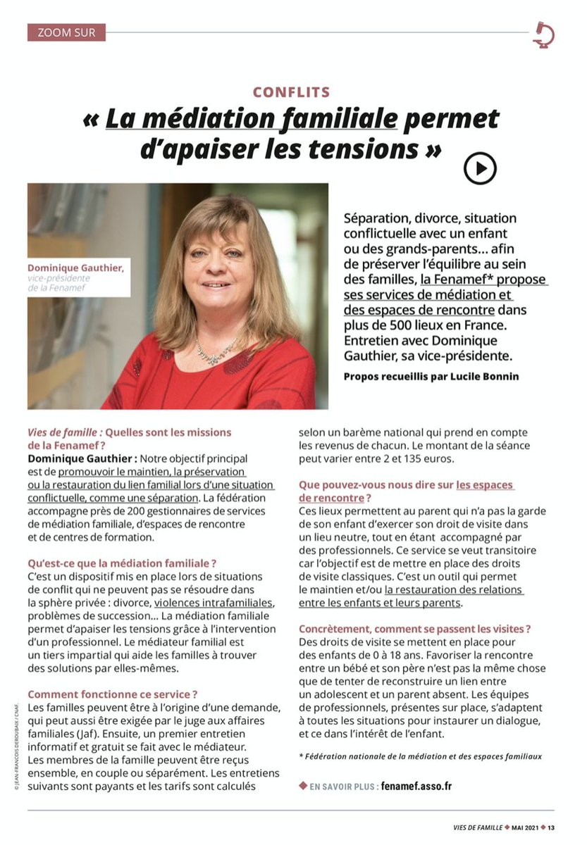 Découvrez l'interview de notre Vice-présidente, Dominique Gauthier dans le magazine de la CNAF "Vie de famille" de Mai 2021. 
viesdefamille.prismamedia.com/?token=f49dd7a…… ( à la p.13 )
<a href="/cnaf_actus/">Allocations Familiales</a> 
#médiationFamiliale 
#EspacesDeRencontre
