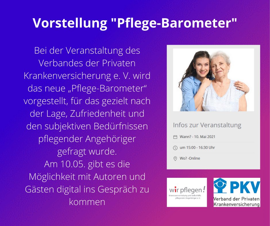 Der PKV Verband und wir pflegen e.V.- Interessensvertretung und Selbsthilfe stellen das neue Pflege-Barometer vor und ihr könnt digital Fragen stellen und mit den Autor*innen ins Gespräch kommen.

wir-pflegen.net/aktuelles/nach…

#pkv #wirpflegen #pflegendeangehörige #pflegebaromter