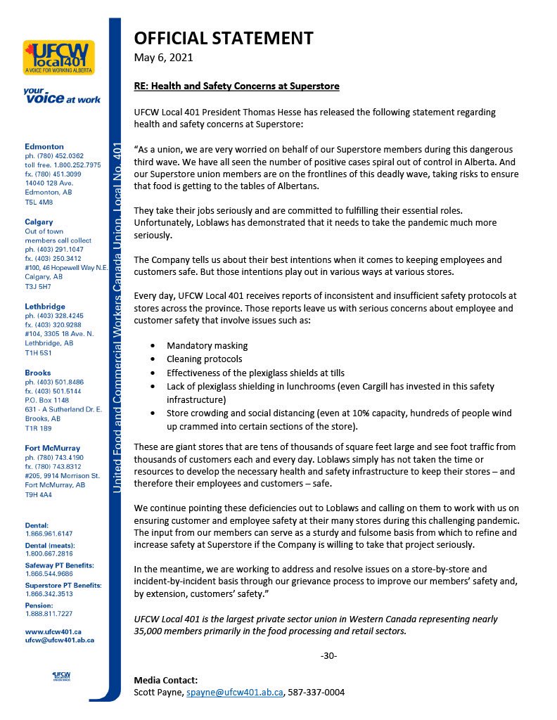 ufcwthomas's tweet photo. Yesterday, I released an official statement about health concerns and safety at Superstores. 

#canlab #loblwws #superstore #ufcw https://t.co/F2BY2MjyOr