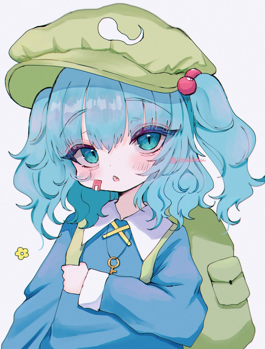 kawashiro nitori 1girl solo hat blue hair bag backpack green headwear  illustration images