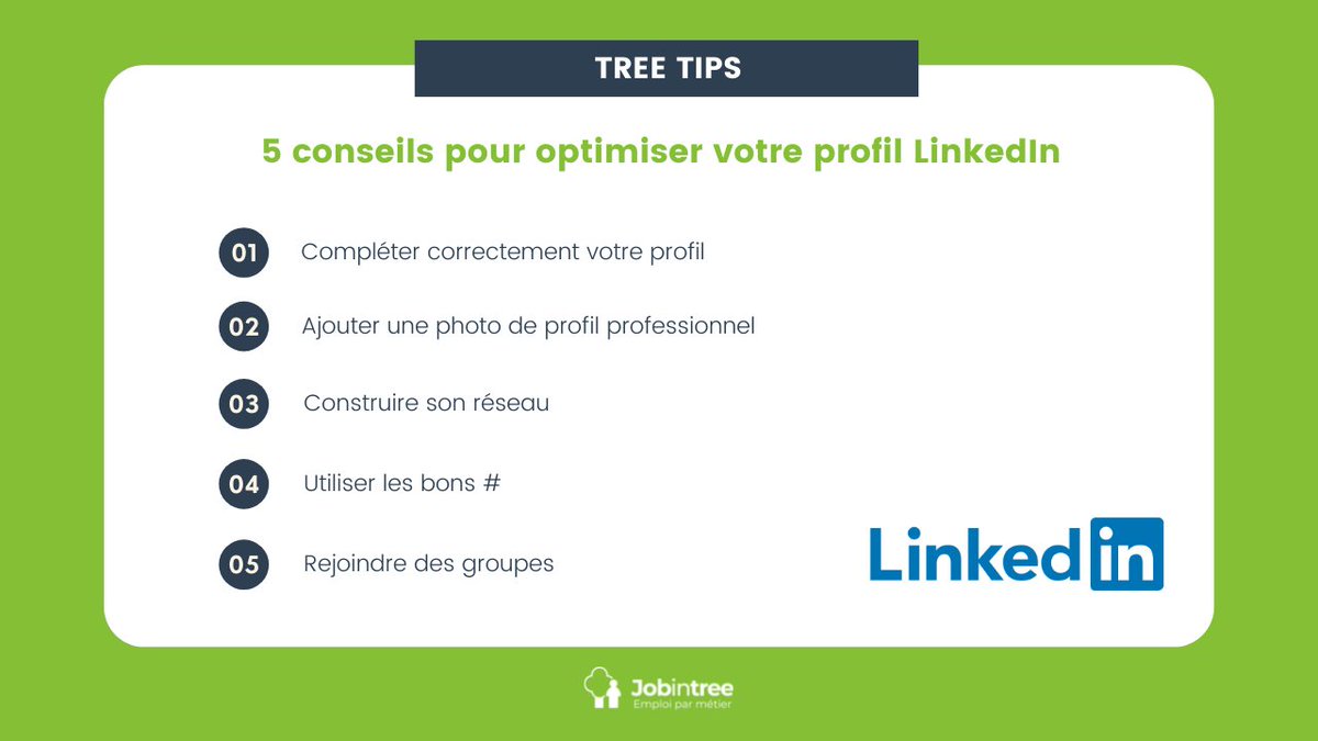 5 conseils pour optimiser son profil LinkedIn ! 😉

1. Compléter correctement votre profil
2. Ajouter une photo de profil professionnel
3. Construire son réseau
4. Utiliser les bons #
5. Rejoindre des groupes

#LinkedIn #Conseils #Emploi