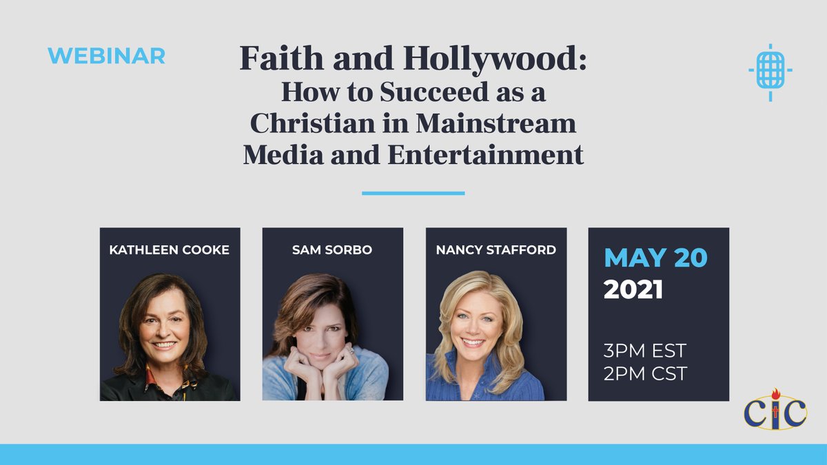 Join us on May 20 at 2 p.m. CST for a webinar with @ChristiansInCom. @KathleenCookeLA, @thesamsorbo, and @nancy_stafford talk about challenges and questions they face as Christians in mainstream media and entertainment.

Register for this free event today: bit.ly/3tn7vTv