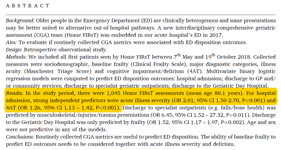 🏥 It's important to assess for both #frailty & #delirium at the front door. 📕 Study: Clinical Frailty Scale (CFS) & 4AT have complementary value in predicting hospital admission in older #ED patients 🔗 sciencedirect.com/science/articl… #CFS #4AT