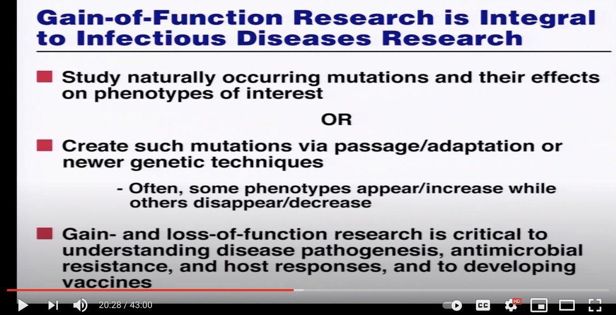 Here's the slide he shows when he says it. In case you're unfamiliar with gain-of-function research, he spells it out: it's when scientists "create such mutations" as would make a naturally occurring virus more transmissible or more deadly.