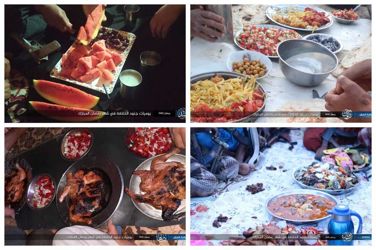 Unusual thread for foodies: The ISIS Kitchen! The jihadist group continues to put out food images showing its militants breaking their fast and praying during the month of Ramadan 1/