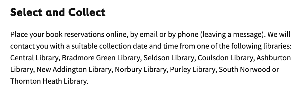 SaveCroydonLibs's tweet photo. No information listed about Shirley or Sanderstead libraries reopening for select and collect but they are! 

https://t.co/O92RsNzENR

You can order books now to collect from these libraries, so please do

Spread the word!
#saveCroydonlibs https://t.co/wb8bHaFgBI