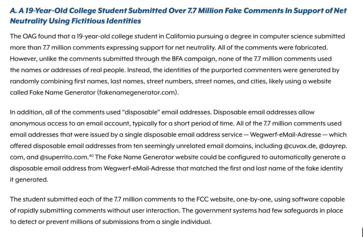 The kid did better, too: he made up fictitious identities instead of stealing real people’s. A few folks had indeed already spotted that their names, their kids’ names, and even names of loved ones who had passed away were being used to submit fake comments to the FCC.