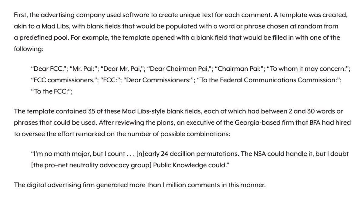 Comments couldn’t all read the same and they didn’t have GPT2/GPT3 handy back then ( #readfakes!), so one of the ad firms involved in the campaign used a simple piece of software to vary the fake submissions: