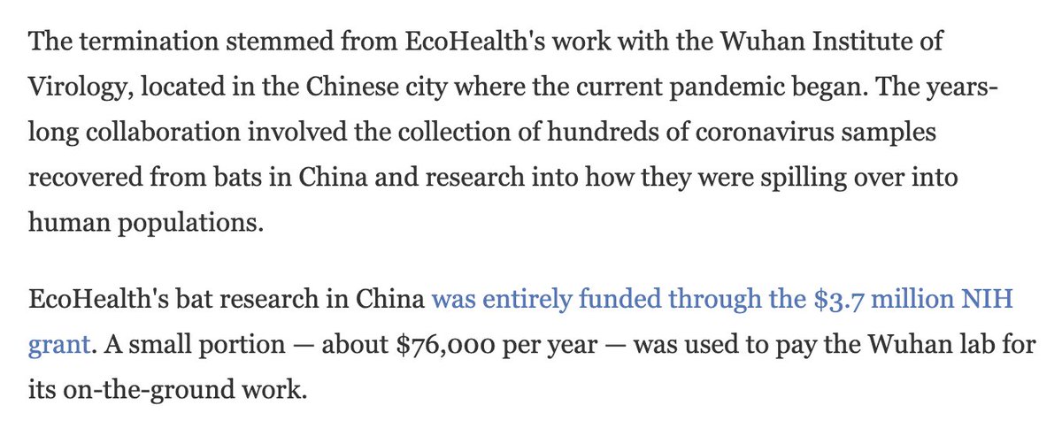 Which part is a conspiracy theory? That NIH funded bat coronavirus research done in conjunction with the Wuhan Institute of Virology? Here's a report affirming that from that crazy right-wing MAGA fringe conspiracy outlet, National Public Radio.  https://www.npr.org/sections/goatsandsoda/2020/08/29/907237520/group-whose-nih-grant-for-virus-research-was-revoked-just-got-a-new-grant