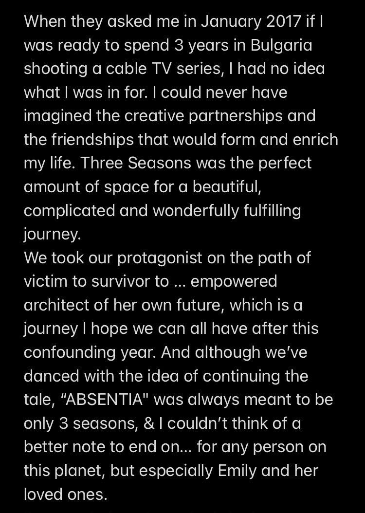 lovingseries's tweet image. Stana Katic anuncia en su cuenta que no habrá más temporadas de #Absentia. La serie queda terminada tras tres entregas emitidas.