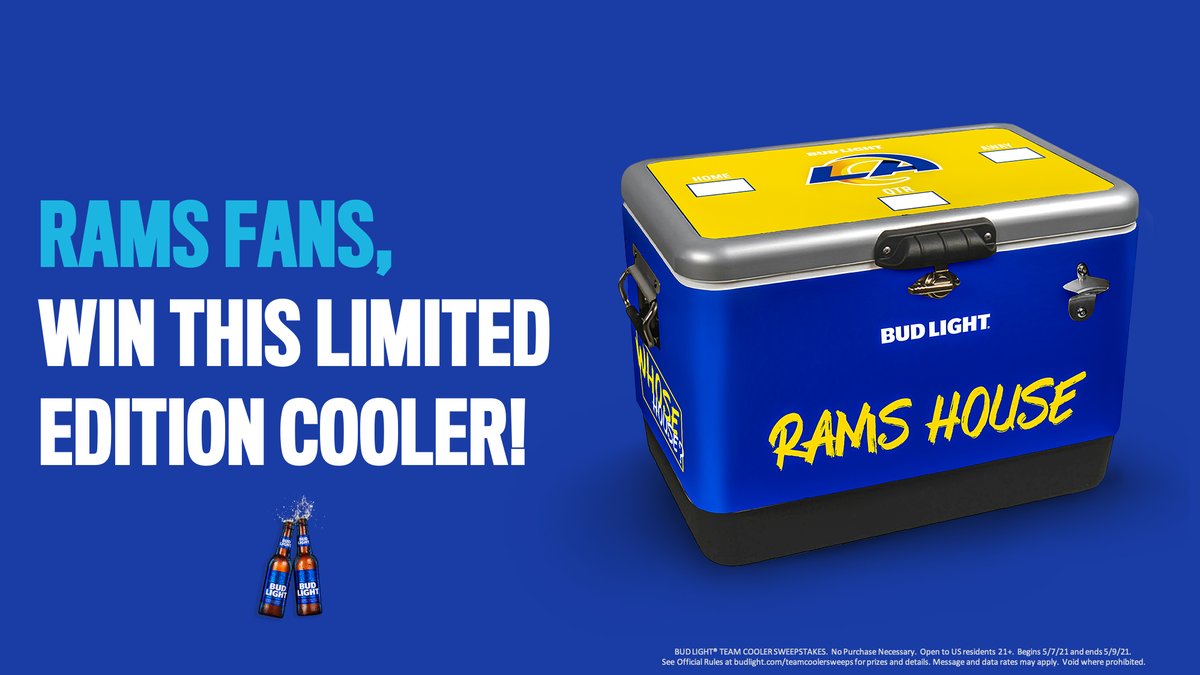 RamsNFL's tweet photo. Rams fans, it's time to fill the cooler!

Here's how you can enter for your chance to win!: 
1️⃣ tag @ramsnfl + @budlight 
2️⃣ use #TakeSummerByTheCoolers + #sweepstakes 

Rules » https://t.co/nFL9kyvrNq https://t.co/FZaEykpUE4