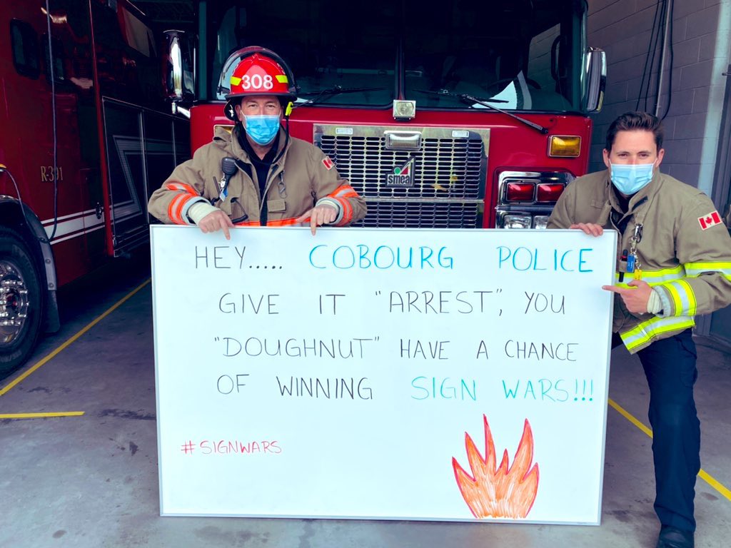 Hey.....<a href="/CobourgPolice/">Cobourg Police</a> give it arrest, you doughnut have a chance of winning. #signwar 
<a href="/TownofCobourg/">Town of Cobourg</a> <a href="/IAFFCanada/">IAFF Canada Fire Fighters - Pompiers AIP Canada</a>