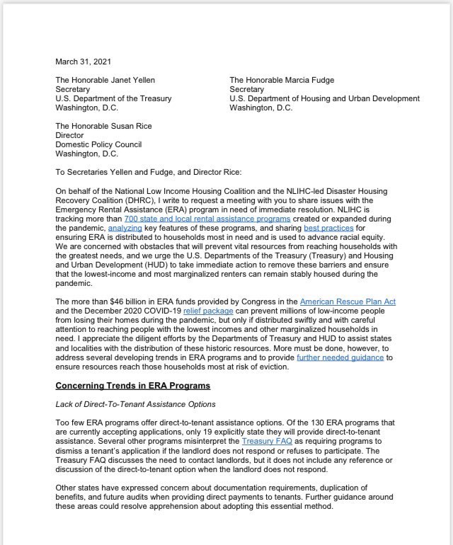 In March,  @NLIHC wrote to  @SecYellen  @SecFudge  @AmbassadorRice  @genebsperling to share emerging & troubling trends with ERA programs & urged quick improvements to ensure the $ reaches the lowest income people in need. They listened and quickly acted.