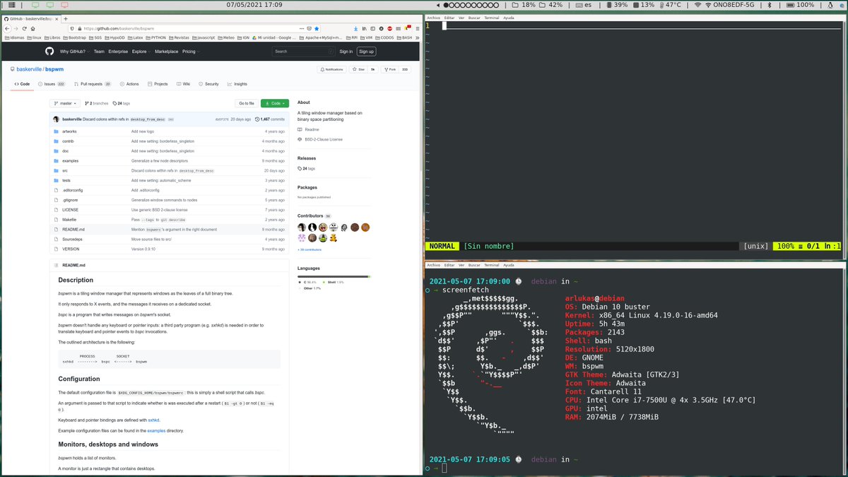 arlukas's tweet photo. Vamooooos con el #ViernesDeEscritorio. Probando @debian 10 Buster con #bspwm y #polybar. @podcastlinux https://t.co/jd6mZduMrL