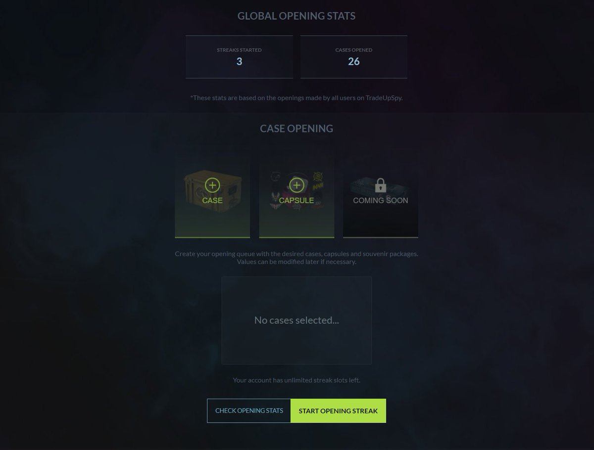 TradeUpSpy's tweet photo. ⚠️⚠️  UPDATE   ⚠️⚠️
 🥶 Case Opener BETA 🥶

- Case opening simulator.
- Open cases/capsules and record every result.
- Check your current stats live (net change).
- Outcome logging on user accounts.
- Share your opening sessions with everyone.

More at https://t.co/XqrObWiVWR https://t.co/UNng8h9e2T