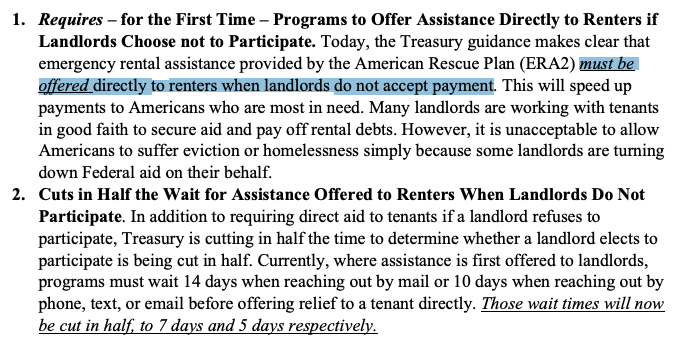 Big win for direct to tenant rental assistance today.1. States must offer payments directly to tenants if landlords decline aid2. States are now allowed to simply do direct to tenant by itself if they choose https://home.treasury.gov/system/files/136/FACT_SHEET-Emergency-Rental-Assistance-Program_May2021.pdf