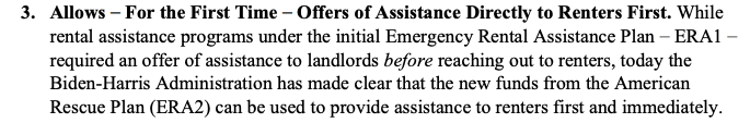 Big win for direct to tenant rental assistance today.1. States must offer payments directly to tenants if landlords decline aid2. States are now allowed to simply do direct to tenant by itself if they choose https://home.treasury.gov/system/files/136/FACT_SHEET-Emergency-Rental-Assistance-Program_May2021.pdf