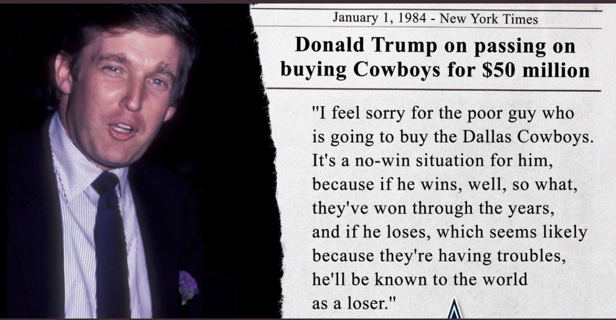 darrenrovell's tweet photo. Donald Trump passed on buying the Cowboys in 1984 for $50M saying he felt “sorry for the poor guy who is going to buy” the team. 

Today, Forbes says the Cowboys are worth $5.7B, meaning if Trump bought the team, it would have yielded a 28% annual compound interest for 37 years. https://t.co/pn7HUX51zy