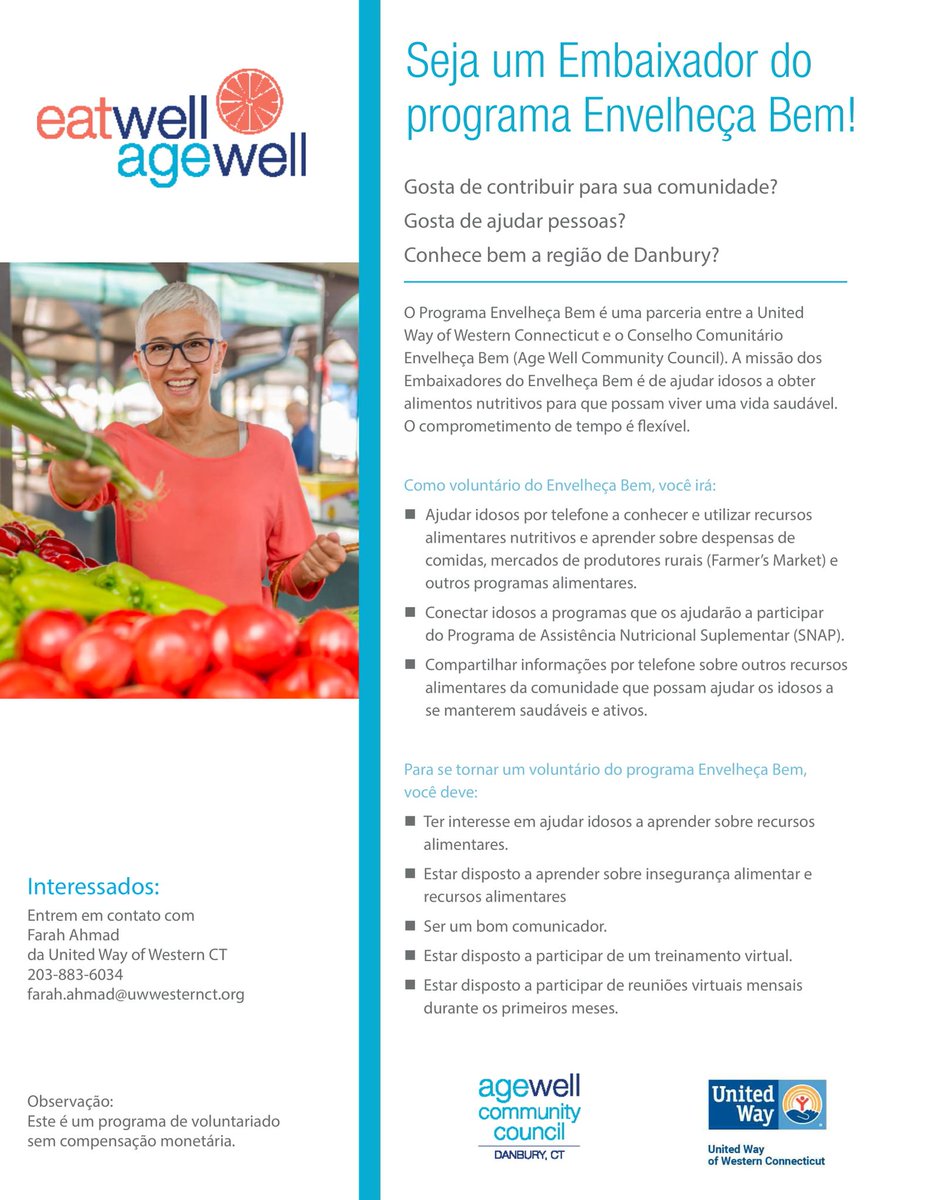 EndHungerCT's tweet photo. In honor of Older Americans Month, we want to highlight a community partner, the Danbury AgeWell Community Council. Their AgeWell Ambassador Program is currently seeking volunteers to serve as community messengers for older adults in Danbury. See the flyers below to learn more! https://t.co/CSJYNJeGKJ