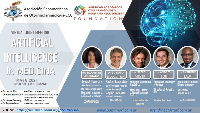 Jacqueline Alvarado (@jacqueline1orl) on Twitter photo ARTIFICIAL INTELLIGENCE IN MEDICINE. Virtual Joint Meeting AAO-HNSF & Pan American Otolaryngology Association- May 8 2021.  10:00am USA ET( Miami) Registration: hr@drhectorruiz.com.at ARTIFICIAL INTELLIGENCE IN MEDICINE. Virtual Joint Meeting AAO-HNSF & Pan American Otolaryngology Association- May 8 2021.  10:00am USA ET( Miami) Registration: hr@drhectorruiz.com.at