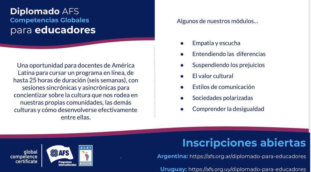 AFS Programas Interculturales y la Alianza Latinoamericana de Educación Intercultural #ALEI han preparado el Diplomado AFS en Competencias Globales para educadores.

Toda la info en:
🇦🇷 afs.org.ar/diplomado-para…
🇺🇾 afs.org.uy/diplomado-para…