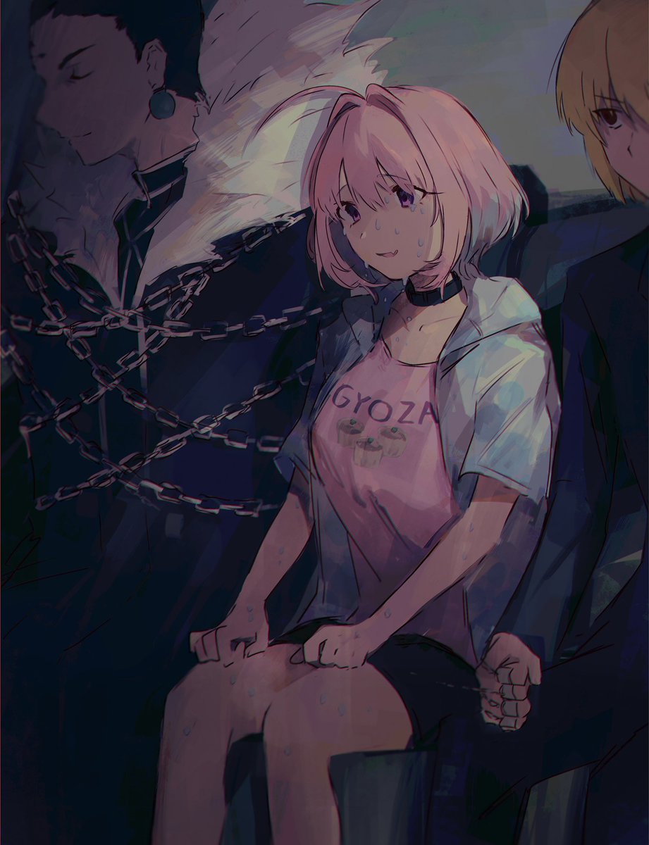 yumemi riamu pink hair 2boys sitting blonde hair ahoge shirt chain  illustration images