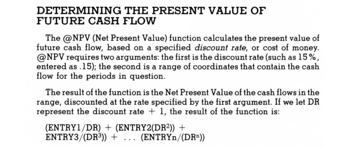 Here are the manual entries for Lotus 1-2-3 (v1) and for VisiCalc (v1).So in 2021, legions of financial analysts are completely screwing up their NPV calculations because of a decision made 40+ years ago by Dan Bricklin in a software program for the Apple II. ¯\\_(ツ)_/¯