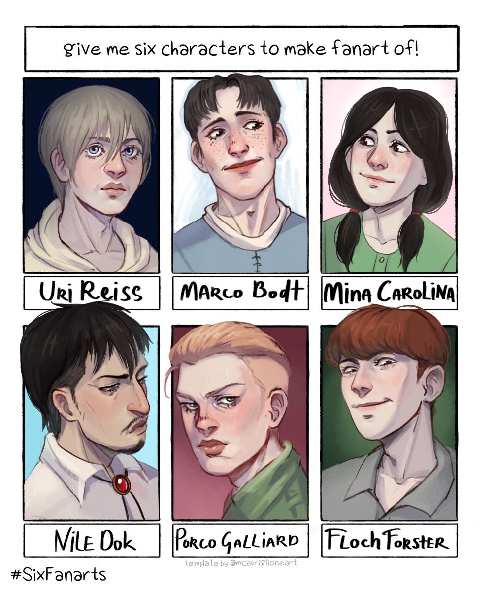 #SixFanarts AoT only

#UriReiss #MarcoBodt #MinaCarolina #NileDok #PorcoGalliard #FlochForster